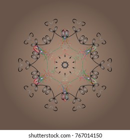 Contour beige, gray and green mandala shaped snowflakes for art therapy style zen drawing. Hand-drawn, stylish doodle in tatto style, fabric design and cards in Vector illustration.