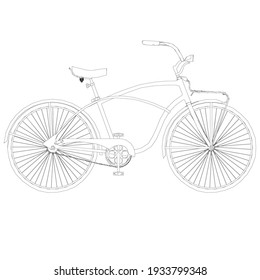 Contour of a bicycle with a semicircular handlebar made of black lines on a white background. Side view. Vector illustration