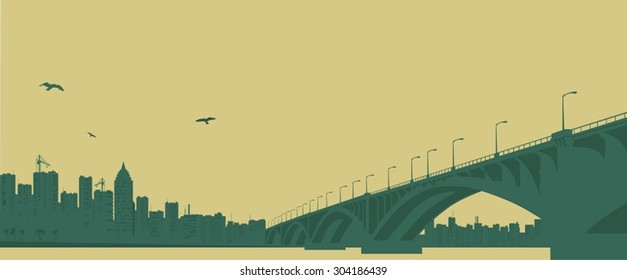 Contour of the big city and the bridge through the river, an illustration.