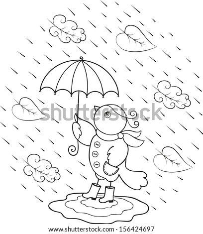 Contour of a bird with umbrella in the rain. Vector background.