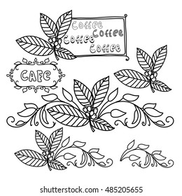Contour black coffee elements on white background. Hand drawn elements set. Stylized decorative frame and coffee twigs isolated on white background.