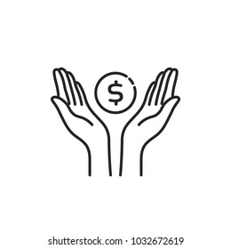 contour black hands with dollar coin. stroke flat style trend modern linear simple logotype graphic art design isolated on white background. concept of pocket money for kids or save commerce success