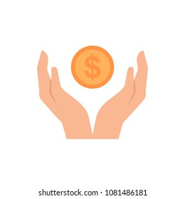 contour black hands with dollar coin. stroke flat style trend modern linear simple logotype graphic art design isolated on white background. concept of pocket money for kids or save commerce success