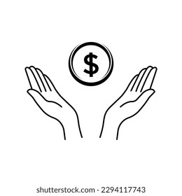 contour black hands with dollar coin. stroke flat style trend modern linear simple logotype graphic art design isolated on white background. concept of pocket money for kids or save commerce success