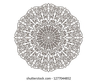 contour black mandala, patterned abstract flower, vector illustration on white background
