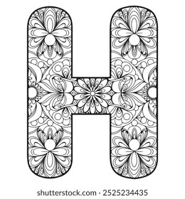 Contour black and white Capital English Letter H with background a mandala 