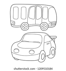 Contour black and white cartoon of bus and car. Coloring book for children - vector