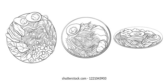 Contour black and white cartoon illustration of  ramen in different angles. Noodles. Vector element for the menu, card, coloring pages and your creativity.