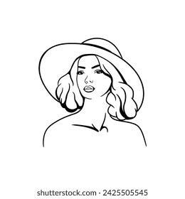 Contorno blanco y negro dibujo de una hermosa mujer joven de moda en un sombrero