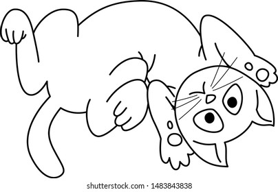 contour black and white illustration - ccute kitten twisted, playing, lying on his back

