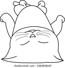 contour black and white illustration - cute kitten sleeping on his back, legs spread - perspective view


