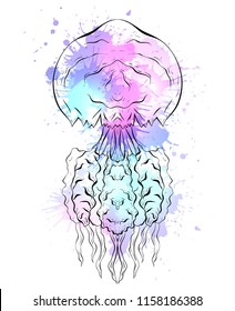 Contour black and white illustration of jellyfish with watercolor splashes. Linear illustration for printing on T-shirts, covers, sketches of tattoos and your design.