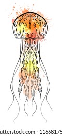 Contour black and white illustration of jellyfish with watercolor splashes. The object is separate from the background. Illustration for printing on T-shirts, covers, sketches of tattoos 