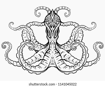 Contour black and white illustration of octopus. The object is separate from the background. Linear illustration for printing on T-shirts, covers, sketches of tattoos and your design.