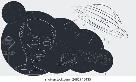 contour black and white illustration, portrait of an alien on the background of a flying UFO