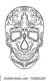 Contour black and white illustration of a sugar skull. The Feast of the Day of the Dead. Vector element for your creativity