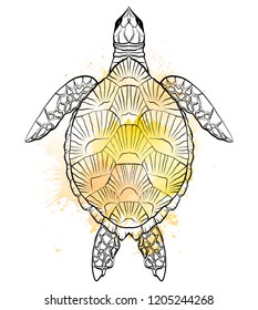 Contour black and white illustration of turtle with yellow watercolor splashes.  Linear illustration for printing on T-shirts, covers, sketches of tattoos and your design.