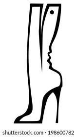 Contour black and white image of female high-heeled boots