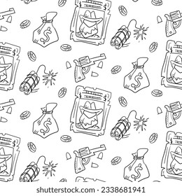 Contour black and white pattern of a western, cowboy. Thief, wanted, revolver, dynamite, bag of money. Seamless vector for printing on paper and textiles. Thematic packaging. Western party