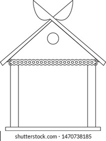 contour black and white vector illustration - forest canopy on four pillars of boards and logs for drying hay - front view