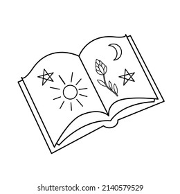 Contour black-and-white drawing of the magic book. Vector illustration. Coloring page. 