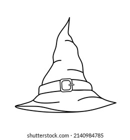Contour black-and-white drawing of  a pointed witch hat. Vector illustration. Coloring page. 