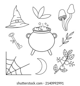 Contour black-and-white drawing set of magical elements. A witch's cauldron, a branch, a witch's hat, a key, a spider web, a branch with leaves and berries, a crescent moon, poisonous mushrooms. 