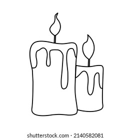 Contour black-and-white drawing of  two  burning melted candles. Vector illustration. Coloring page. 