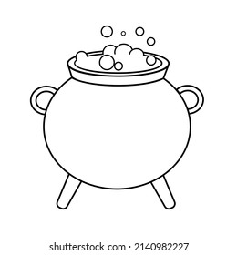 Contour black-and-white drawing of  a witch's cauldron with boiling potion. Vector illustration. Coloring page. 