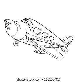 contour black-white cartoon of merry airplane.