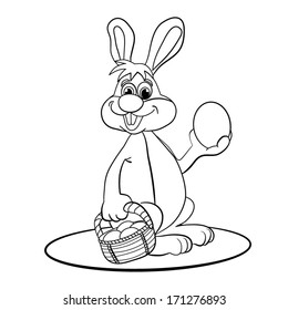 Contour black-white cartoon of merry Easter bunny. Coloring book