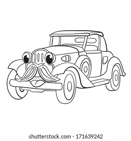 Contour black-white cartoon of merry hipster retro-car. Coloring book.