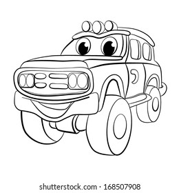 contour black-white cartoon of merry jeep;