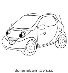 Contour black-white cartoon of merry mini car. Coloring book.