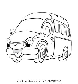 Contour black-white cartoon of merry minibus. Coloring book.