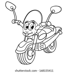 contour black-white cartoon of merry motor cycle;