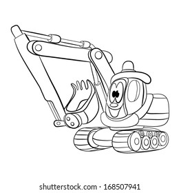 contour black-white cartoon of merry power-shovel;