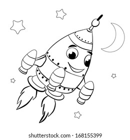 contour black-white cartoon of merry rocket;