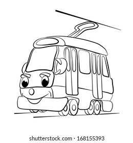 contour black-white cartoon of merry tram;