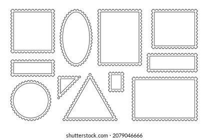 Contour blank postage stamps icon set. Collection perforated postal frames for envelope. Linear template paper mark with place for images or text. Toothed border. Isolated on white vector illustration