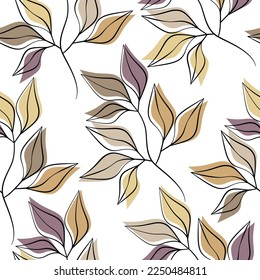 Contour botanical seamless pattern vector. Abstract linear branches floral backdrop illustration. Leaves wallpaper, colorful background, fabric, textile, print, wrapping paper or package design.