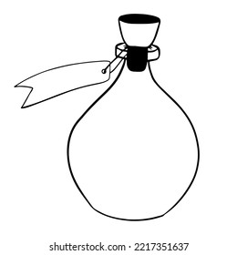 contour of the bottle with a cork and label. Transparent glass bottle for filling. Empty container, vessel, for reuse and recycling.