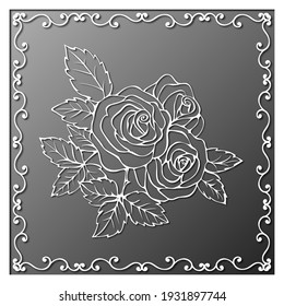 El contorno de un ramo de rosas en un marco abierto sobre un fondo oscuro. Deja el estilo de papel.