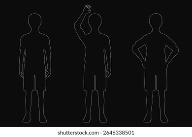 Contour of a boy raising his hands in celebration, black contour outline against a dark background. Three identical figures stand side by side, creating a striking minimalist composition.