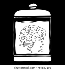 Contour of the brain in a medical flask against a black background. A medical jar with a brain in a liquid. Fluid with bubbles. Vector illustration.