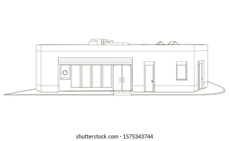 The contour of the building from black lines Isolated on a white background. Side view. Vector illustration