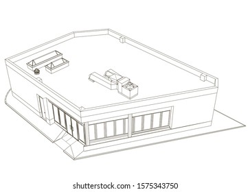El contorno del edificio a partir de líneas negras aisladas sobre un fondo blanco. Vista isométrica. Ilustración vectorial