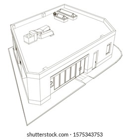 The contour of the building from black lines Isolated on a white background. View isometric. Vector illustration