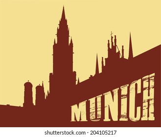 Contour of the building of the city of Munich on a yellow background