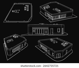 Contour buildings on a black background feature four distinct architectural designs arranged symmetrically. Each structure showcases unique shapes, sizes, and intricate details like windows and doors.